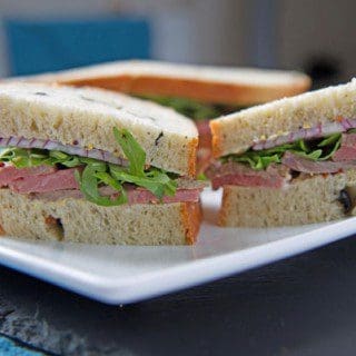 Black Olive and Herb Bread with Rare Beef and Rocket