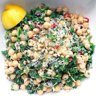 Warm chickpea, curly kale and pine nut salad