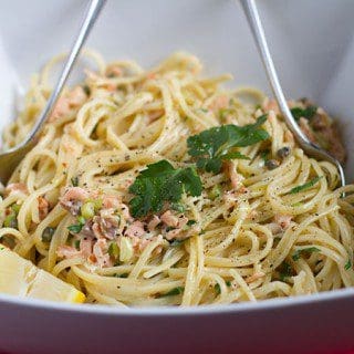 Smoked salmon, spring onion, and caper linguine