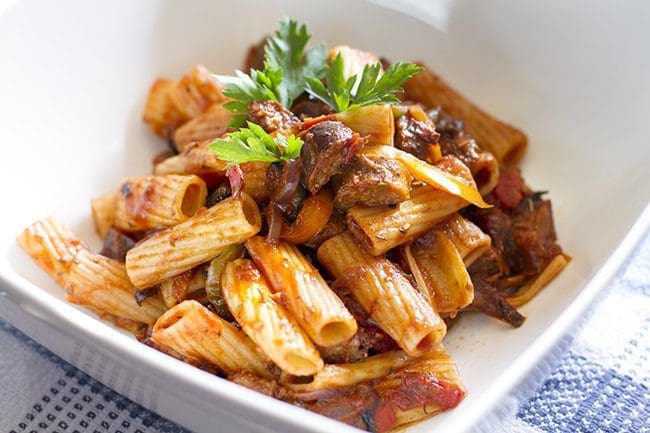 spicy sausage and roasted vegetable pasta
