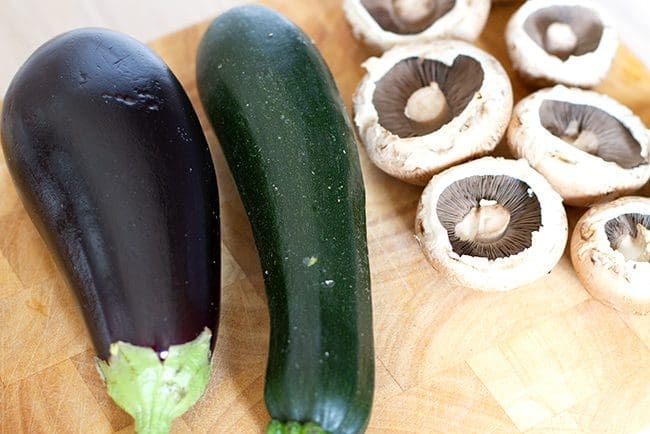Aubergine, courgette, and portabello mushrooms