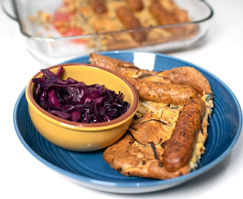 Chicken Sausage Toad in the hole served with spiced red cabbage