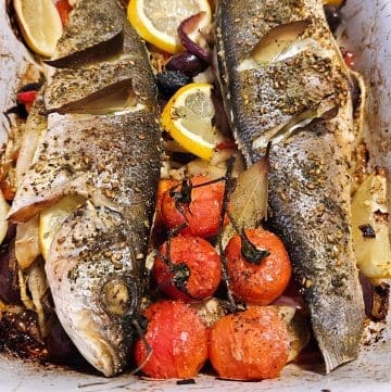 Baked Whole Sea Bass with Mediterranean Vegetables