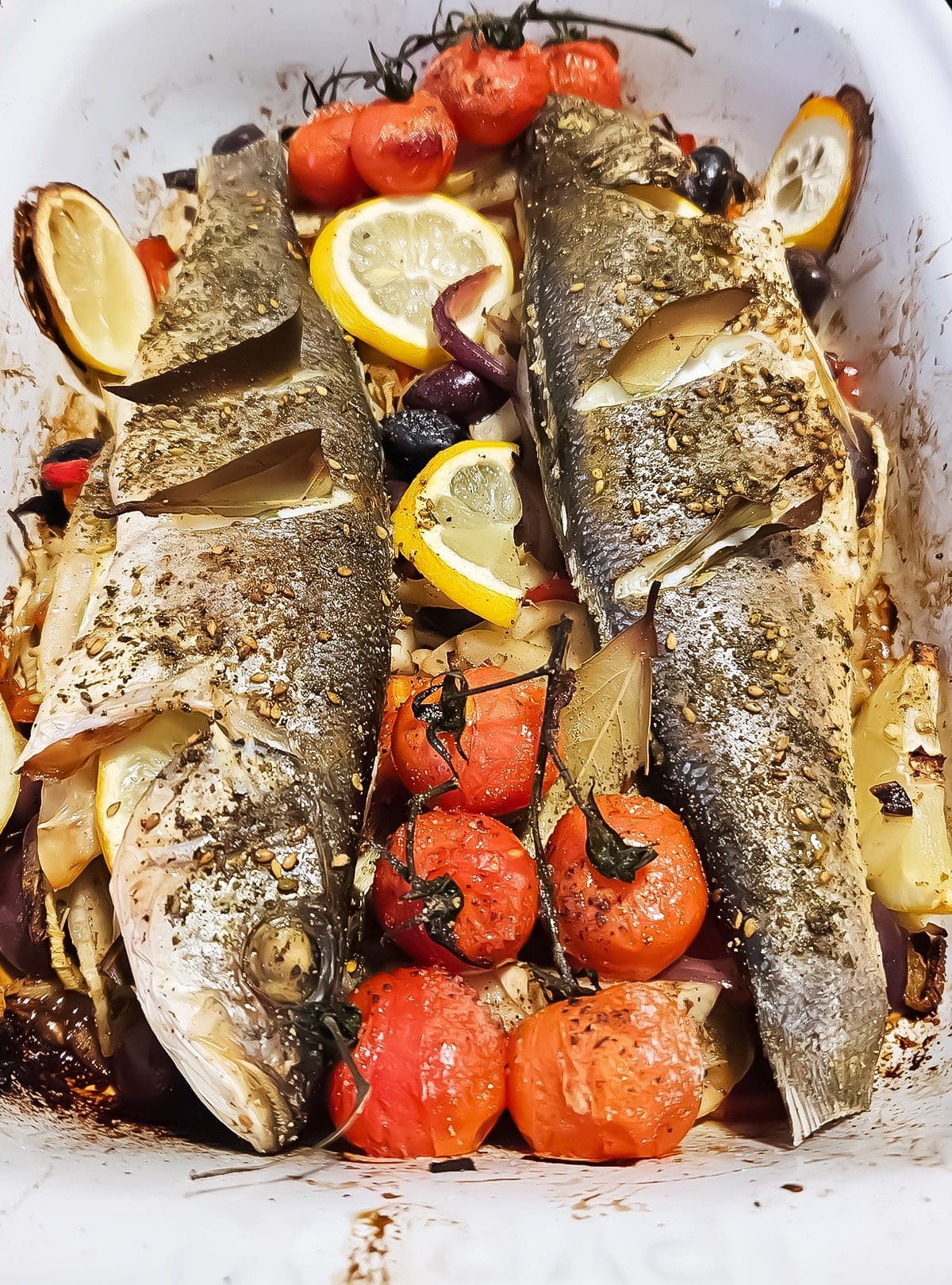 Baked Whole Sea Bass with Mediterranean Vegetables